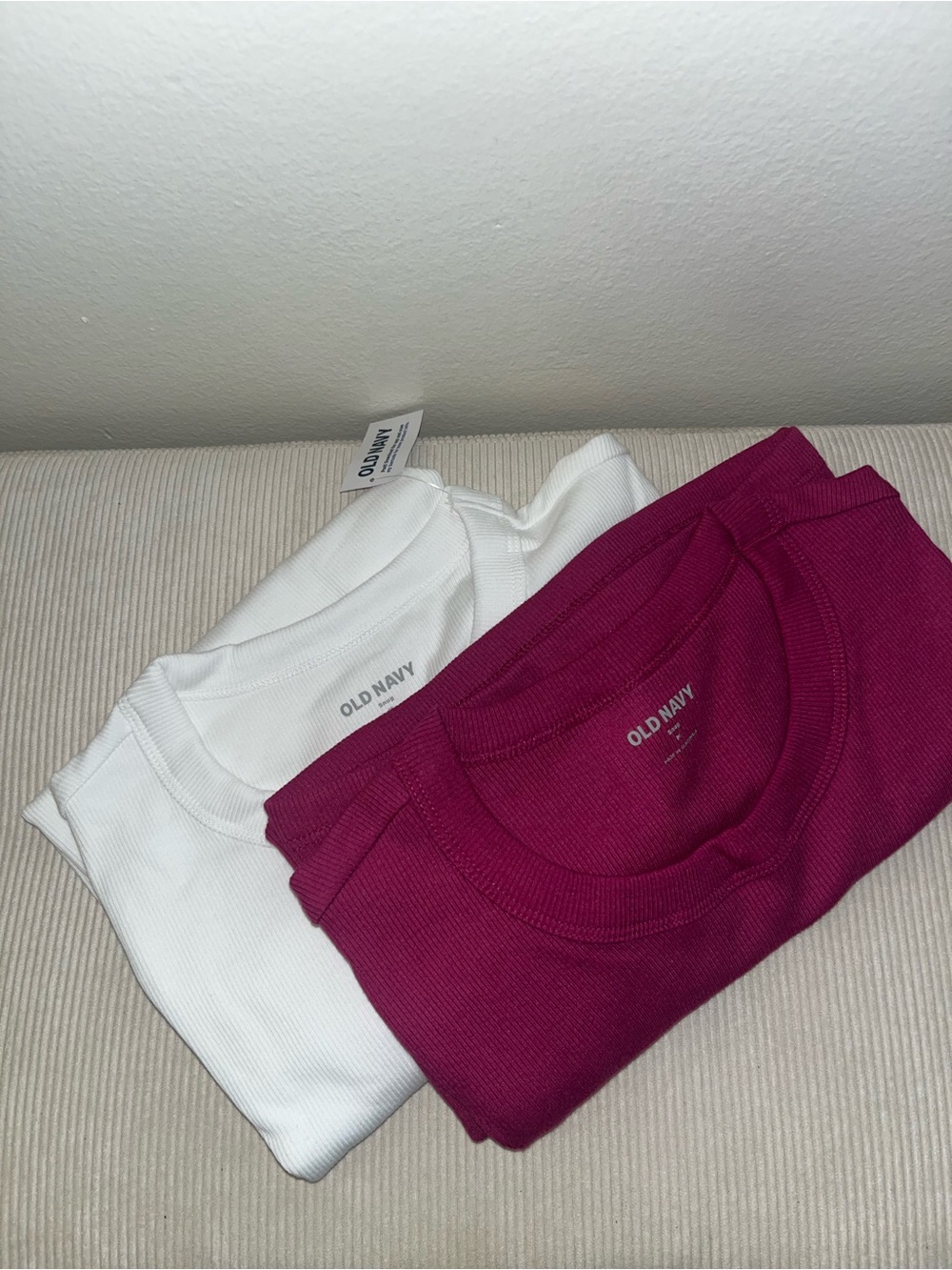 Old Navy Ribbed Crewneck Tops - White & Magenta